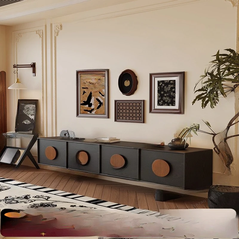 

French retro solid wood TV cabinet small apartment black simple living room storage cabinet integrated contrast floor cabinet