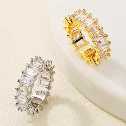 Fashion Cubic Zirconia Step Square Open Adjustable Ring For Women Men Gold Silver Color Copper Metal Ring Party Everyday Jewelry