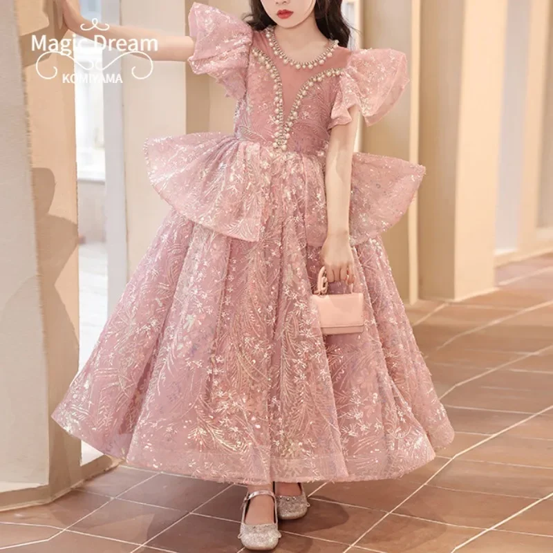 Customized O-neck Elegant Sweet Ball Gown Flower Girls Dresses Slim Waist Appliqué Beading Design Kid Birthday Party Vestidos Pr