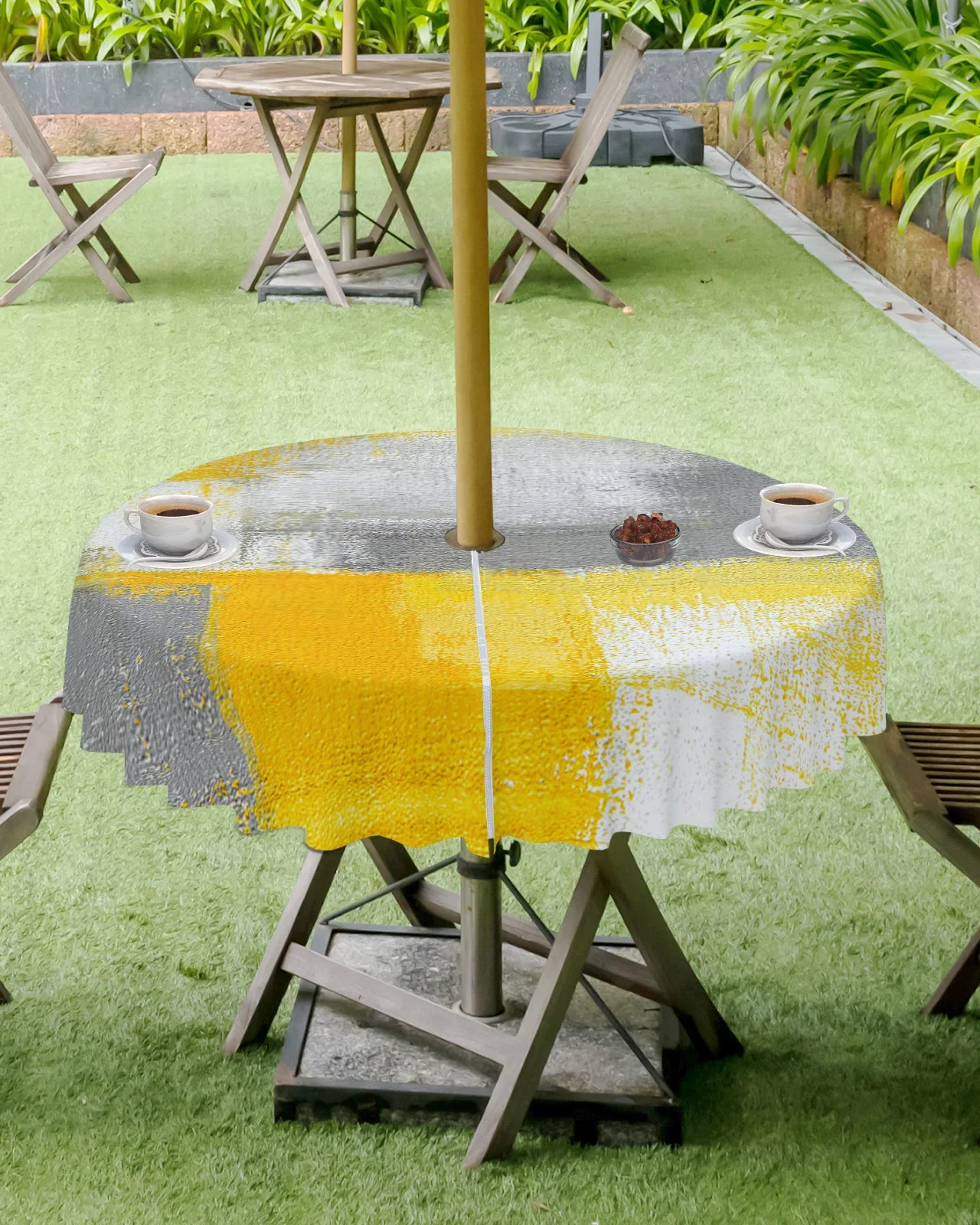 Oil Painting Abstract Geometric Yellow Gray Round Waterproof Tablecloth With Zipper Umbrella Hole Table Cover For BBQ Gatherings