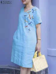 ZANZEA Fashion Cotton Dress Oversize Holiday Knee Length Vestido 2024 Summer Women Dresses Vintage Embroidered V-neck Solid Robe