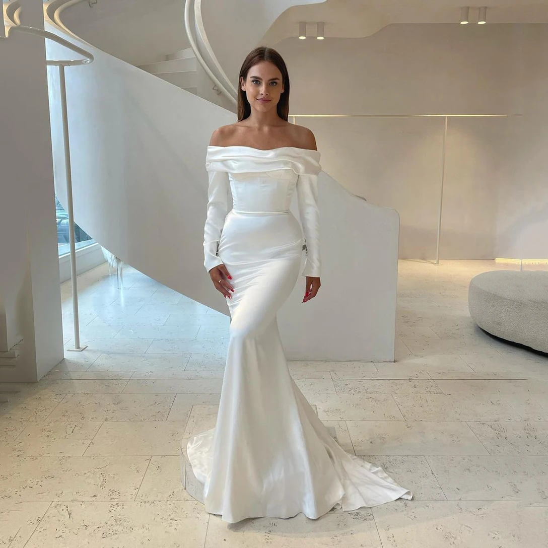 Elegant Pleated Simple Long Sleeve Wedding Ball Dress Floor-Length Mermaid Off the Should Collar Sexy Sparkly Satin Bridal Dress