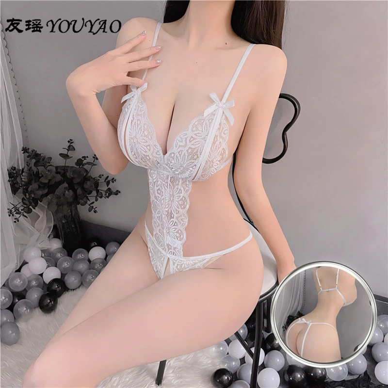 Women\'s Sexy Lingerie Set Lace Tights Fishnet Underwear See-Through Floral Pajamas One-Piece Bra Transparent