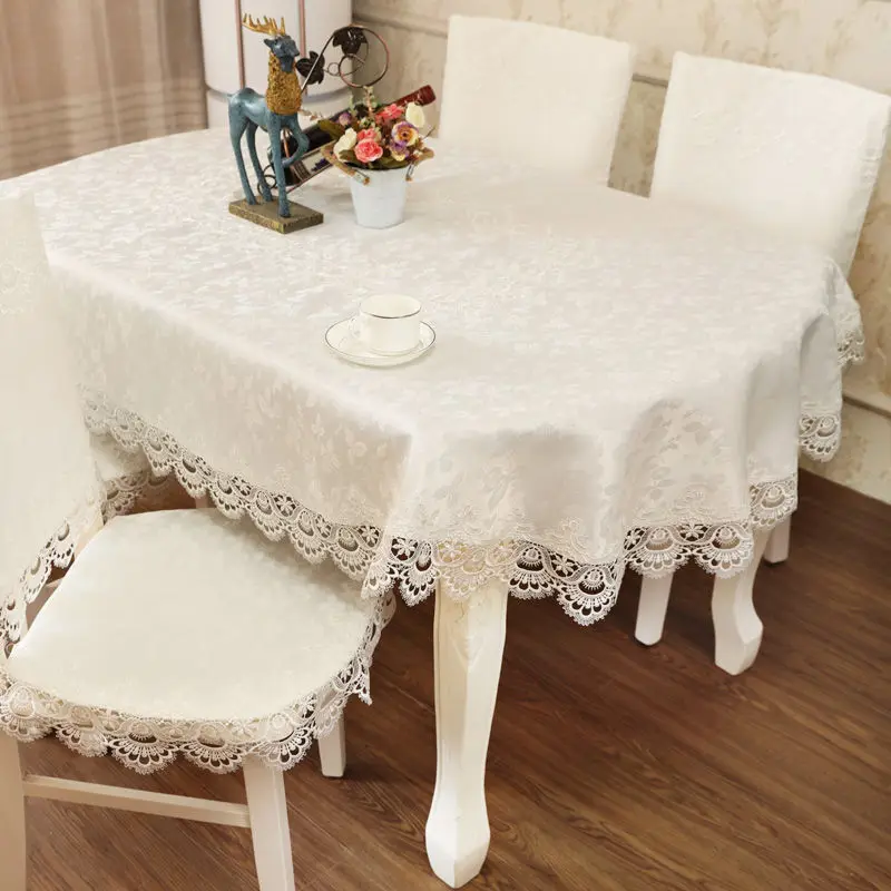 Tablecloth Oval 198cm Lace with Floral Jacquard Table Cloth Europe Style Cream Luxury Ellipse Table Cover for Home Dining Table