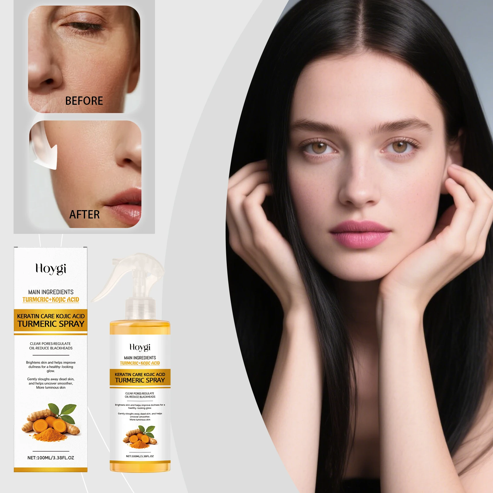 Spray viso con curcuma ed acido cogico: per pori chiari e regolamento dell'olio, sbiadisce punti neri, cura schiarente e levigante della pelle.