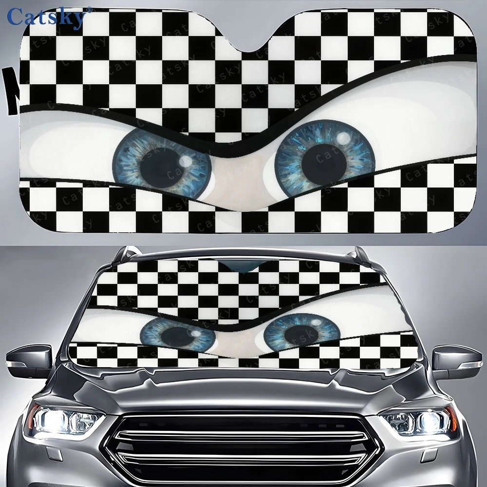 Pair Of Blue Eyes On Black And White Checkered Background Car Auto Sunshades | Front Window Sun Cover For Car, Durable Polyamide