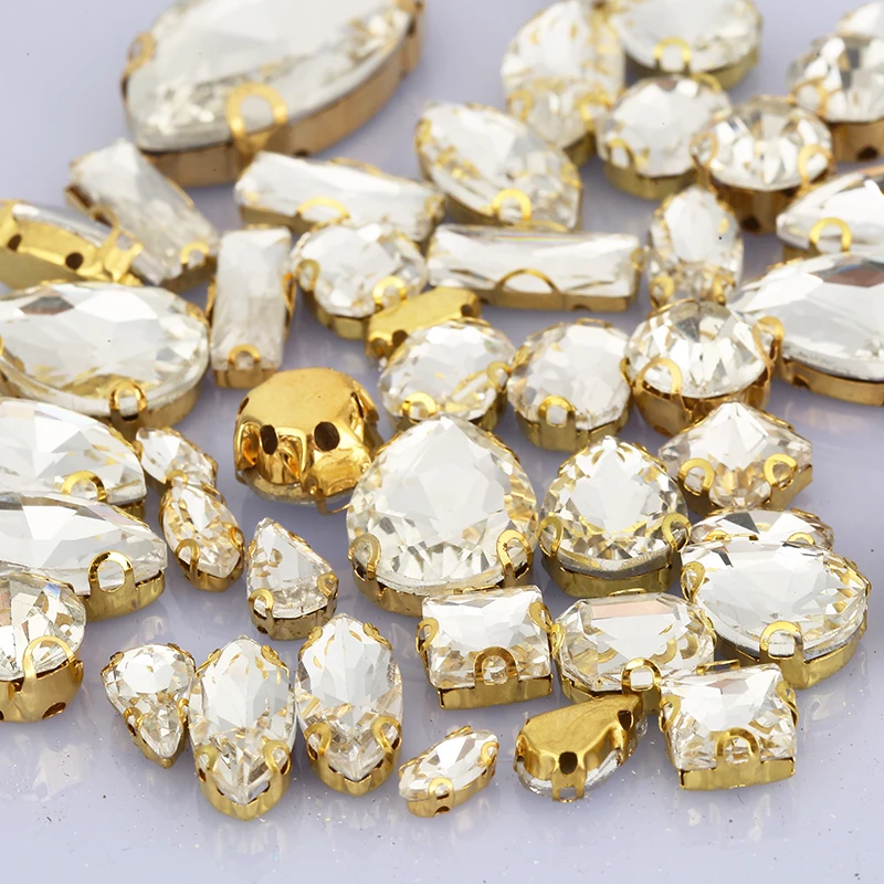 RESEN 55PCS Mixed Shape Mixed Size Crystal Sew On Rhinestone Sliver/Gold Claw Settings Sewing Glass Rhinestone for DIY Garment