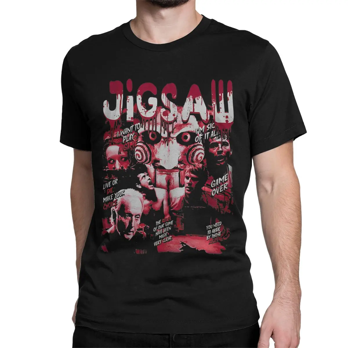 Retro Jigsaw Horror Movie Men Women T Shirts SAW Head Torture Tee Shirt Short Sleeve T-Shirts Pure Cotton Plus Size Clothing