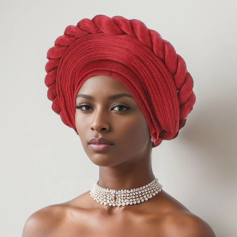 2024 Newest Red African Auto Gele Headtie Turban Hat Nigerian Women Wedding Traditional Headware Cap JY803-1