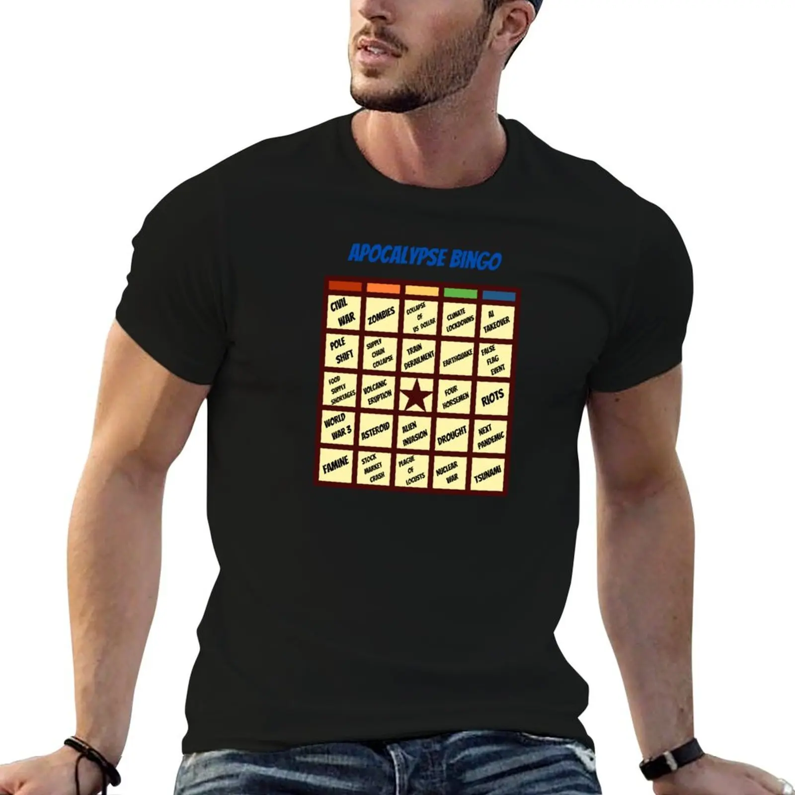 Apocalypse Bingo Survivalist Inspired Humor for End Times Doomsday Prepper T-Shirt tops plain white t shirts men