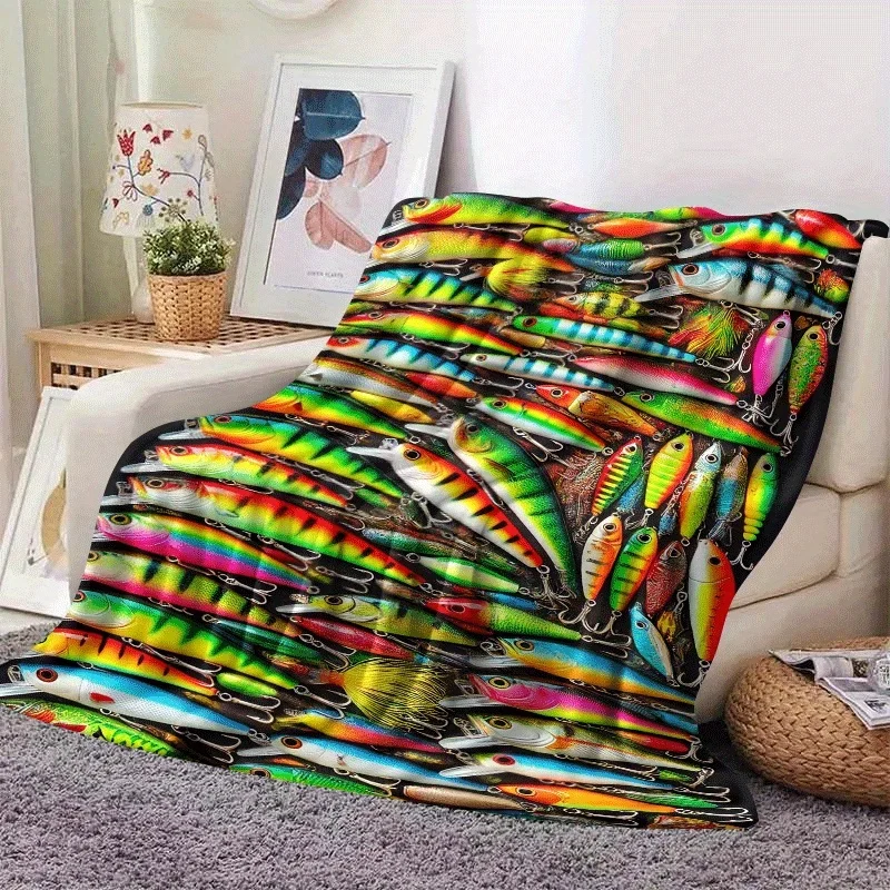 Vibrant Multicolor Fishing Tackle Lures Graphic Pattern All Over Print Flannel Blanket Light Cover Living Room Couch Household