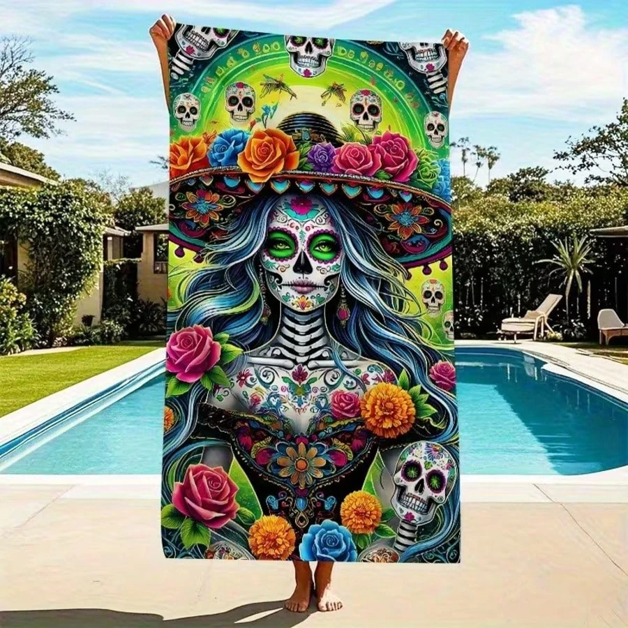Strandtuch mit mexikanischem Zuckerschädel-Print, hochwertige Mikrofaser, schnell trocknend, saugfähig, Badetuch mit Blumenmuster „Day of the Dead“.