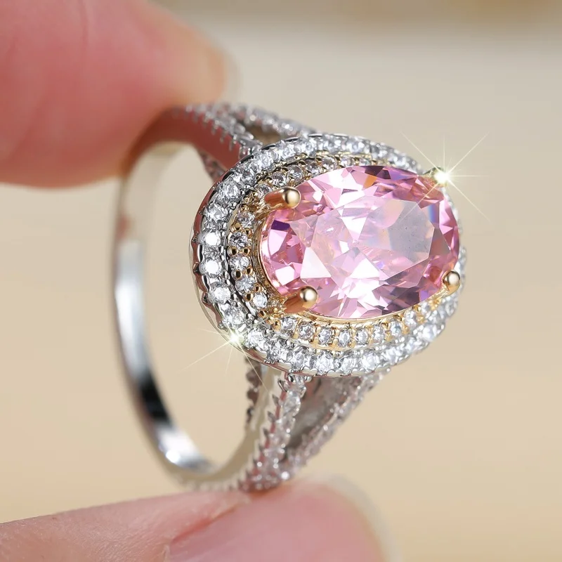 Two Tone Egg Shaped Pink Diamond Edged Zirconia Ring, Versatile for Socialite Dinners, Light Luxury Jewelry and Accessories