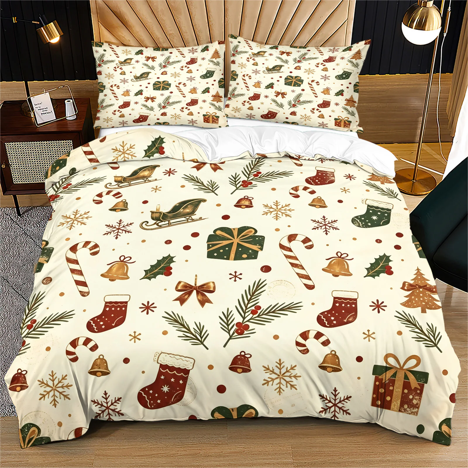 Retro Christmas Duvet Cover Set Xmas Sleigh Stocking Printed Bedding Quilt Cover with Pillowcases for Bedroom Holiday Decoration
