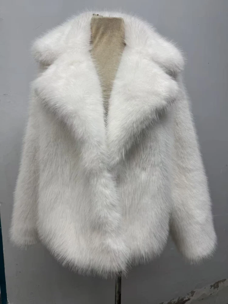2025 Autumn Winter New Women Faux Fur Jacket Black and White Short Furry Coat Fluffy Top Turn Down Collar Warm Office Lady Beige