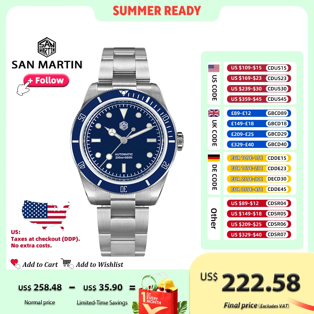 

San Martin 38mm Class Men Diver Watch NH35 Automatic Mechanical Stainless Steel Retro Watches Luminous 20Bar Waterproof SN0004G