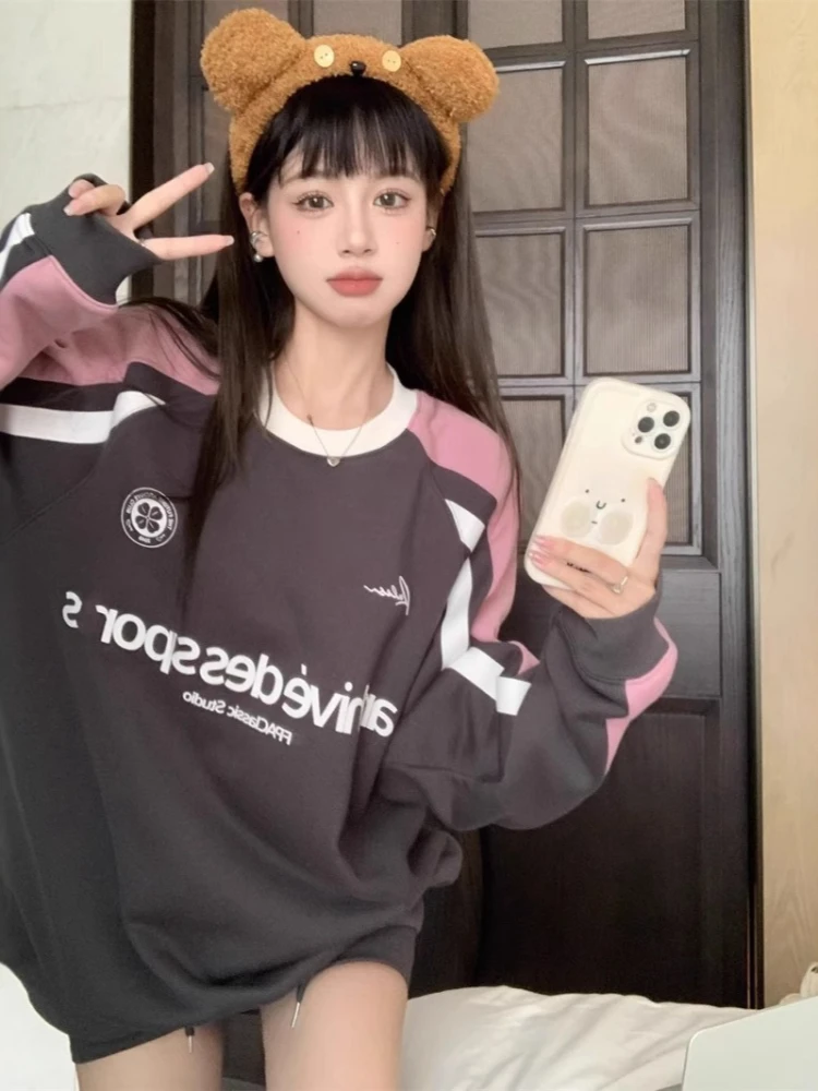 힙합 오버사이즈 셔츠 레트로 아메리칸 프린트 풀오버 봄 가을 신상 여성 루즈핏 긴팔 그래픽 탑 스트리트웨어 스웨트셔츠