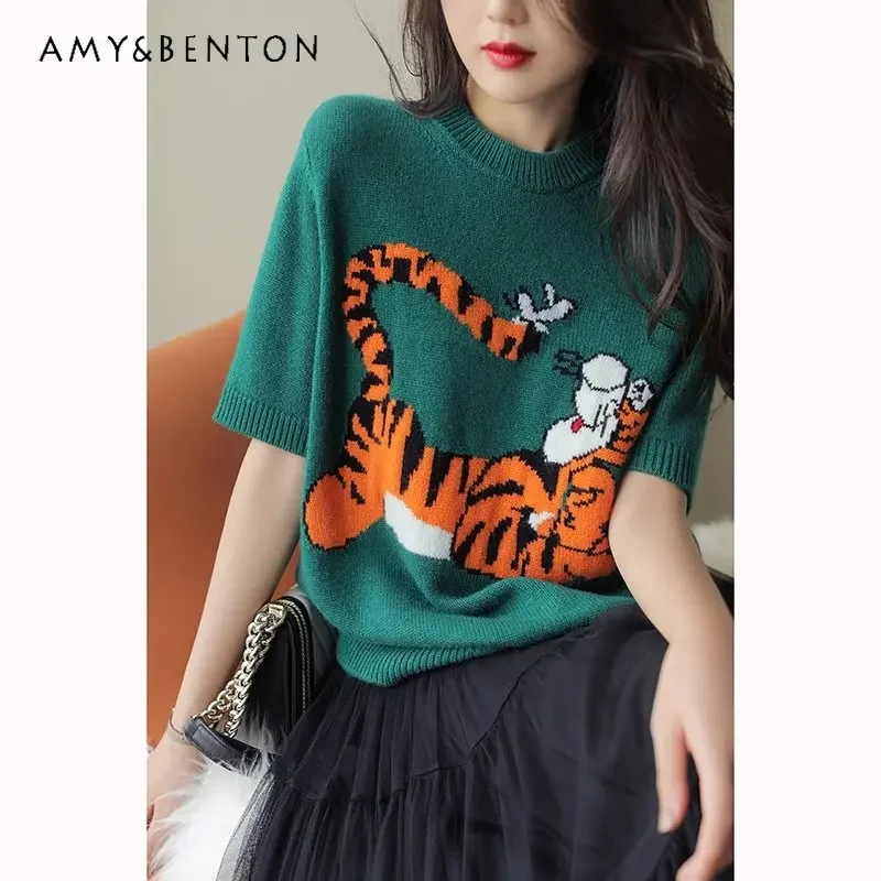 

Potdemiel Spring Tiger Green Short Sleeve Embroidery Sweater Pullover for Women Casual Round Neck Knitted Sweater Tops Ladies