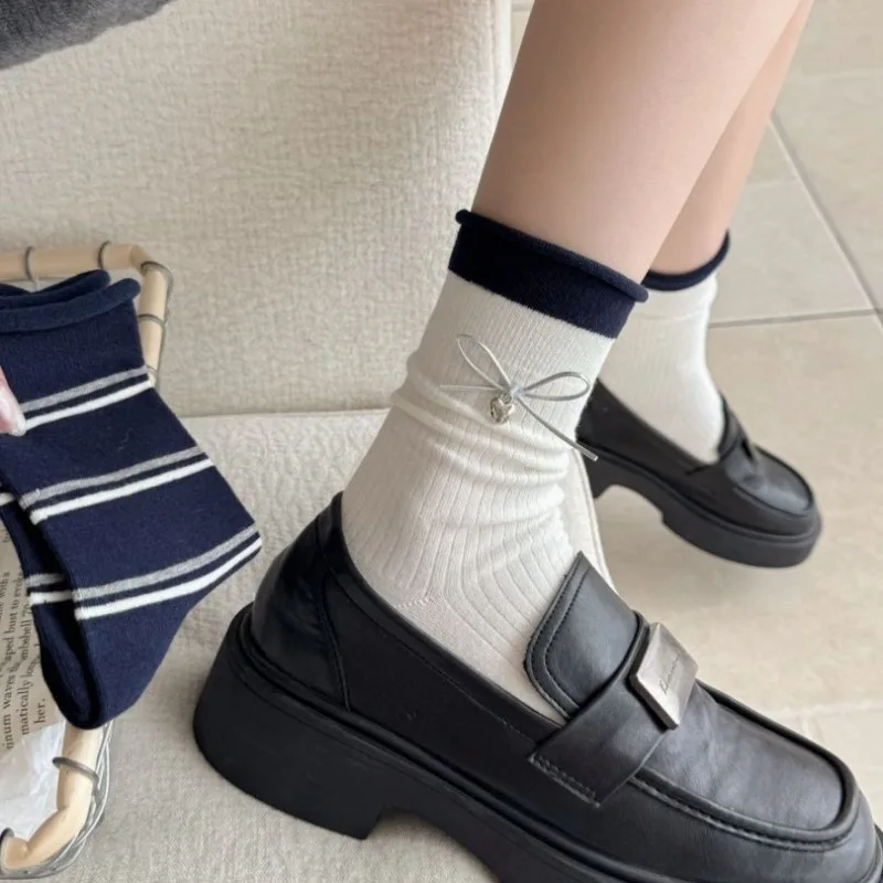 5 Pairs 2025 Fall Winter Women's Warm Socks Korean-Style Bow-Tie Striped Mid-Calf Cotton Women Socks White Socks High Quality