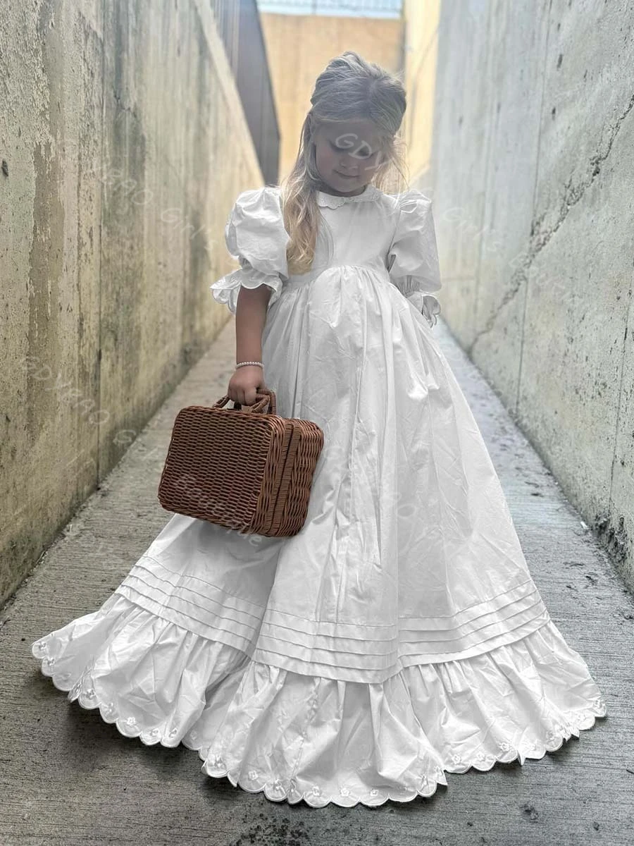 Gaun Komuni Pertama Vintage Lengan Setengah dengan Ruffle Taffeta Gaun Putri Pengiring Pengantin untuk Pernikahan 2-14 Anak Gaun Pesta yang Dapat Disesuaikan