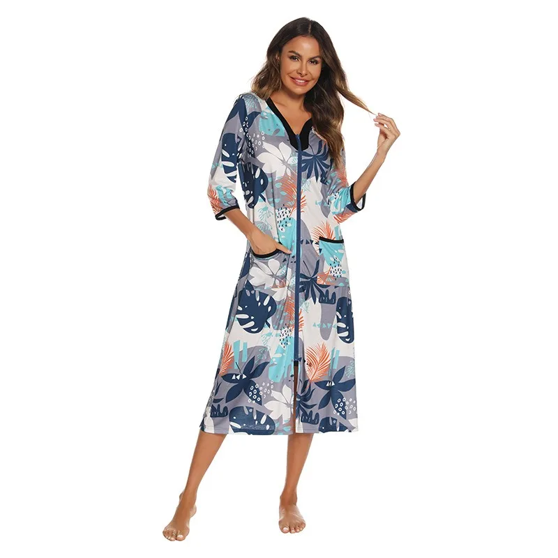 

1pcs Womens V Neck Floral Print Zipper Robe Sleep Dress Casual Loungewear Homewear