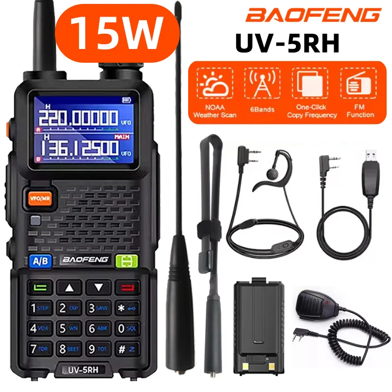 Baofeng UV-5RH Portable Handheld Walkie Talkie 15W Wireless Copy Frequency Type-C NOAA Long Range 999CH Outdoor Car Intercom
