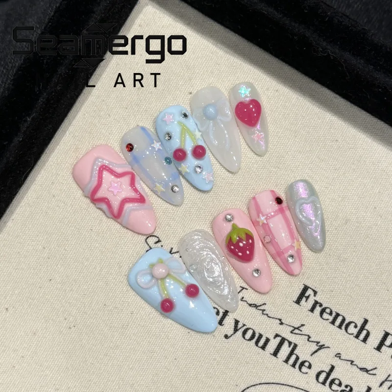 

10PCS Y2k Colorful Medium Almond Handmade Press on Nails Sweet Cool Star Bow Patterns Fake Nails Artificial Wearable False Nails