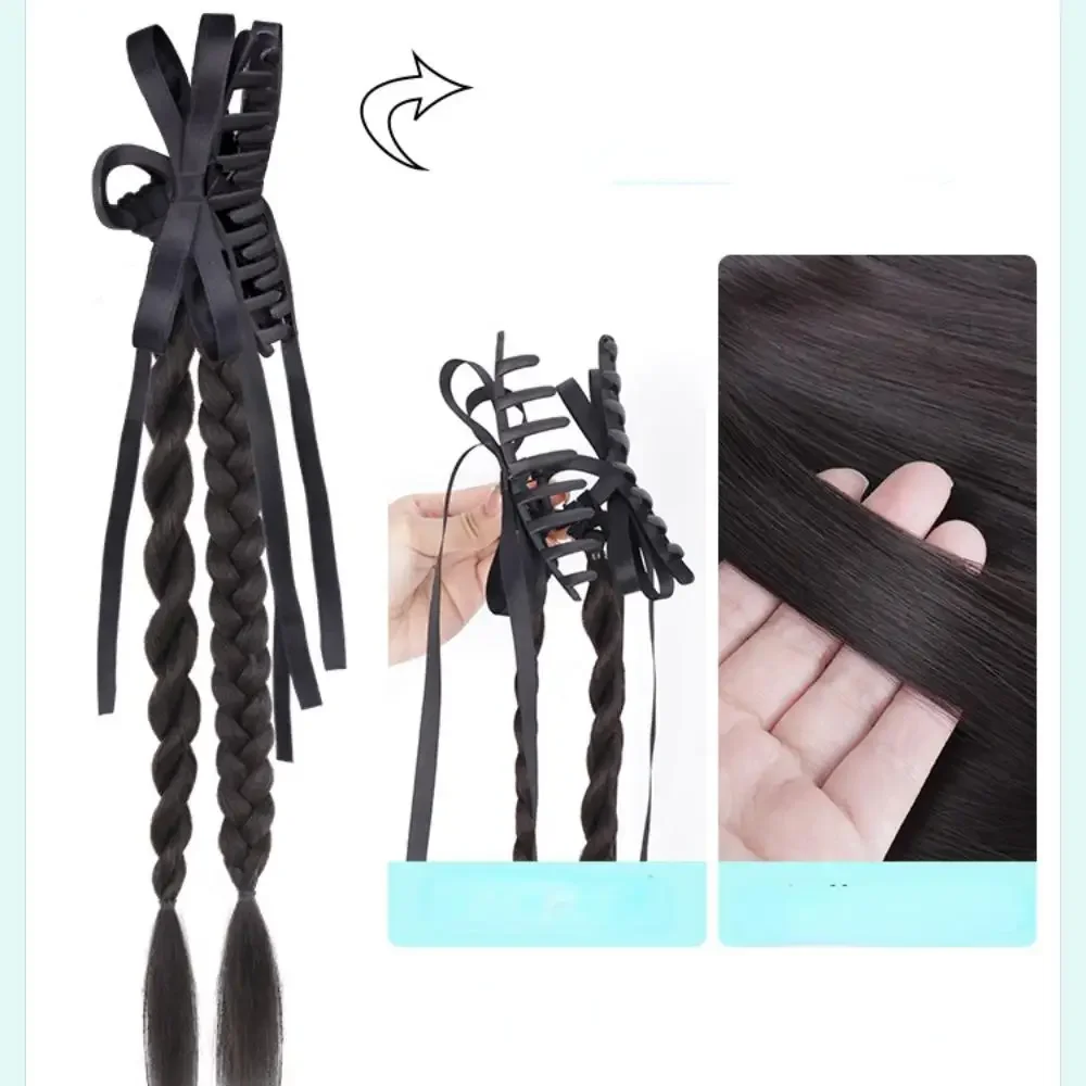 Stile cinese Nastro bowknot treccia intrecciata coda di cavallo clip-on parrucche donna Simulazione boxe treccia parrucca coda di cavallo Estensione