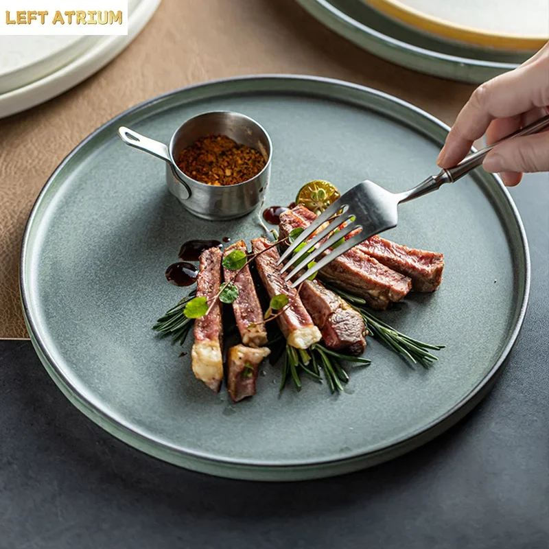 Kiln Changes Ceramic Steak Plate Vintage Round Cake Plate Dessert Pasta Plate Salad Plates Serving Plates Restaurant Tableware 3