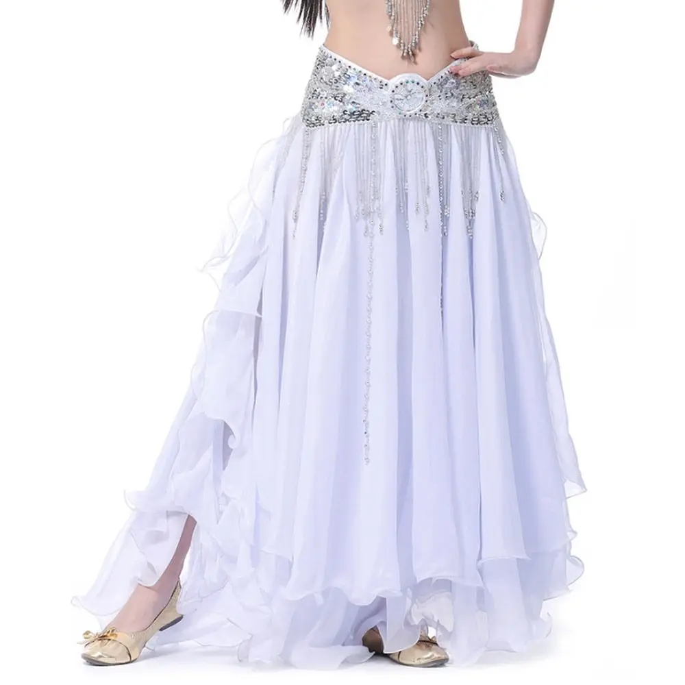 Belly Dancing Skirt Women Chiffon Spanish Skirt Shiny Sequins Tassels Dancing Skirt Show Costumes