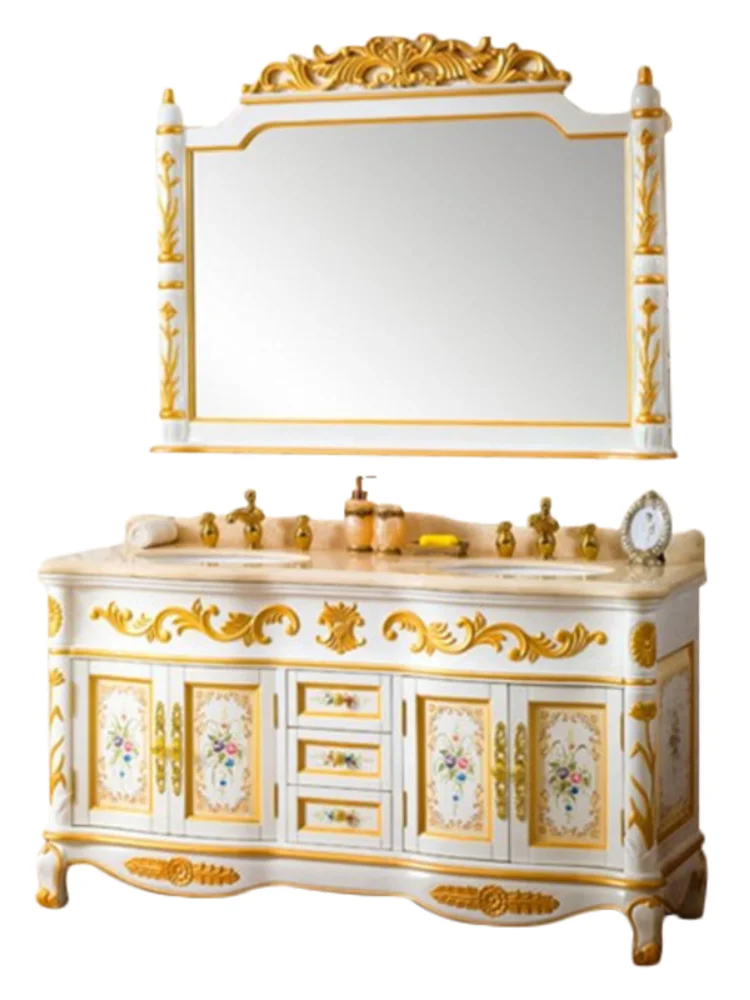 55in.double sink golden bespoke vanities baroque european style classic bathroom cabinets with chic long silver mirror and legs