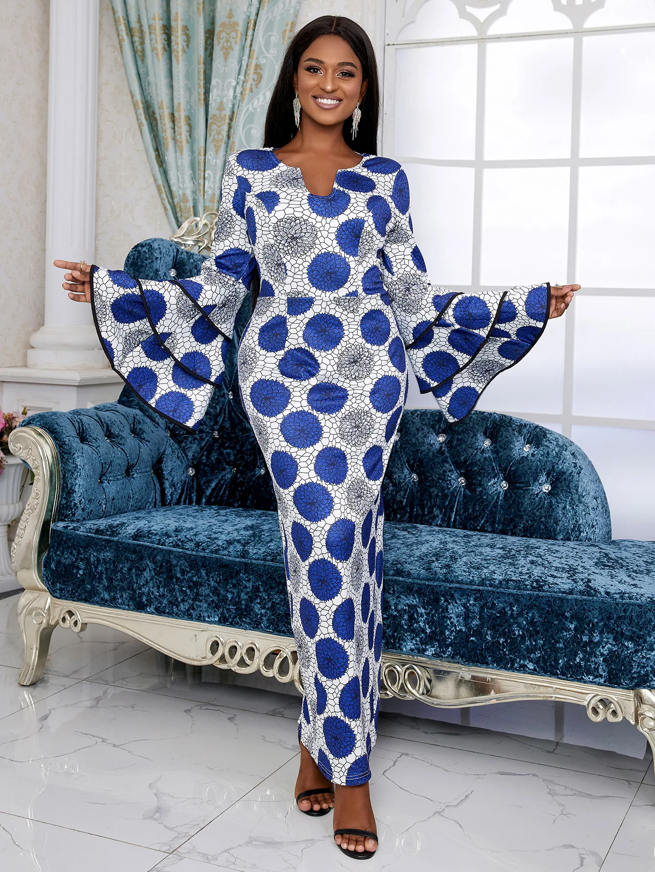 

Blue Long Falre Sleeve Dresses V Neck Dot Printed Bodycon Evening Birthday Party Outfits Large Size 4XL Gowns for Women 2024