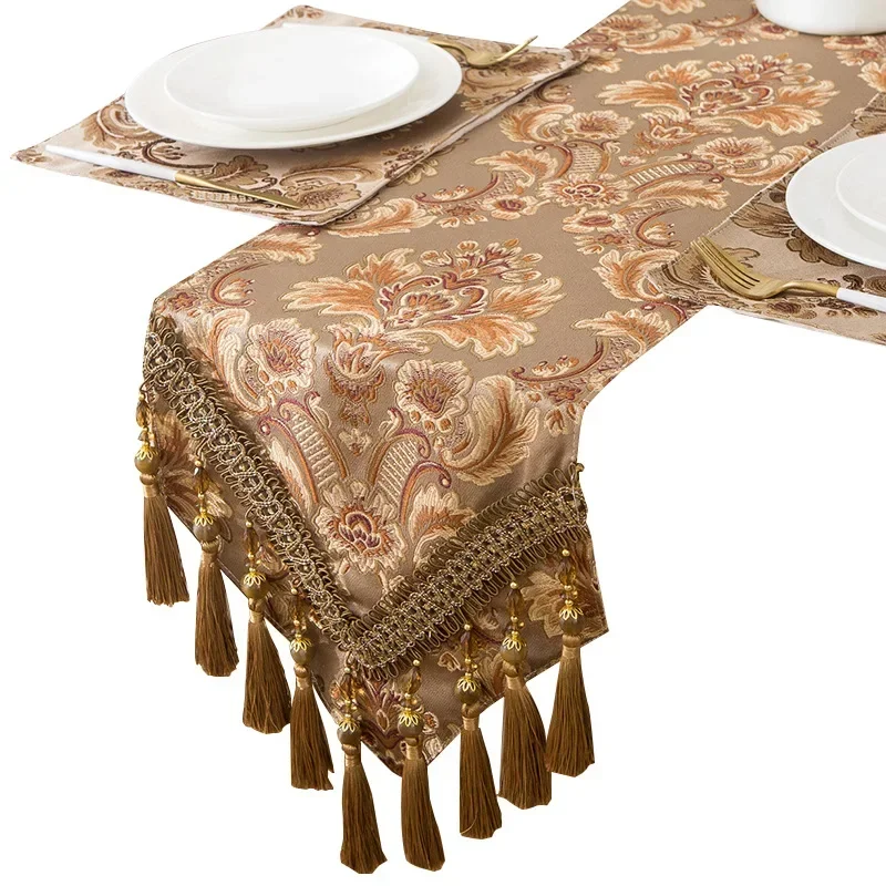 European Style Luxury Table Runner Chenille Light High-grade Jacquard Tassel Tea Runner Silicone Non-slip Bottom Table Runner