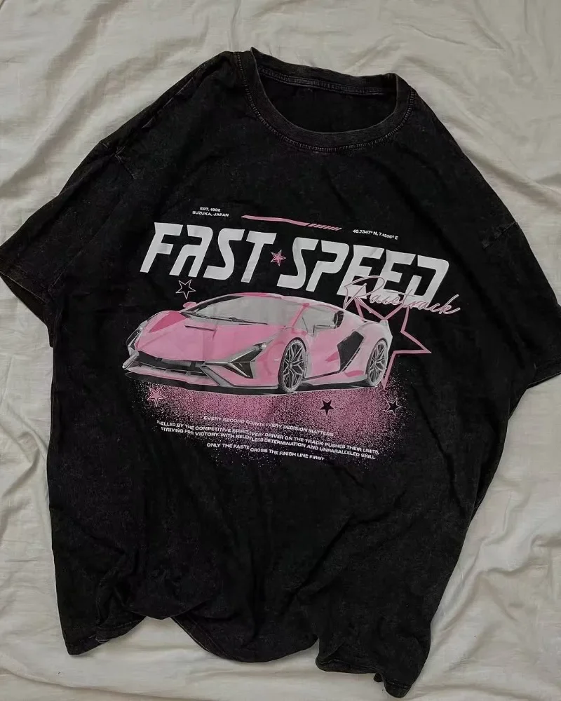 

High-quality Thickened T-shirt Cotton Five-minute Sleeve Summer New Ins Tide T-shirt Female Loose Letters Sports Car Printing