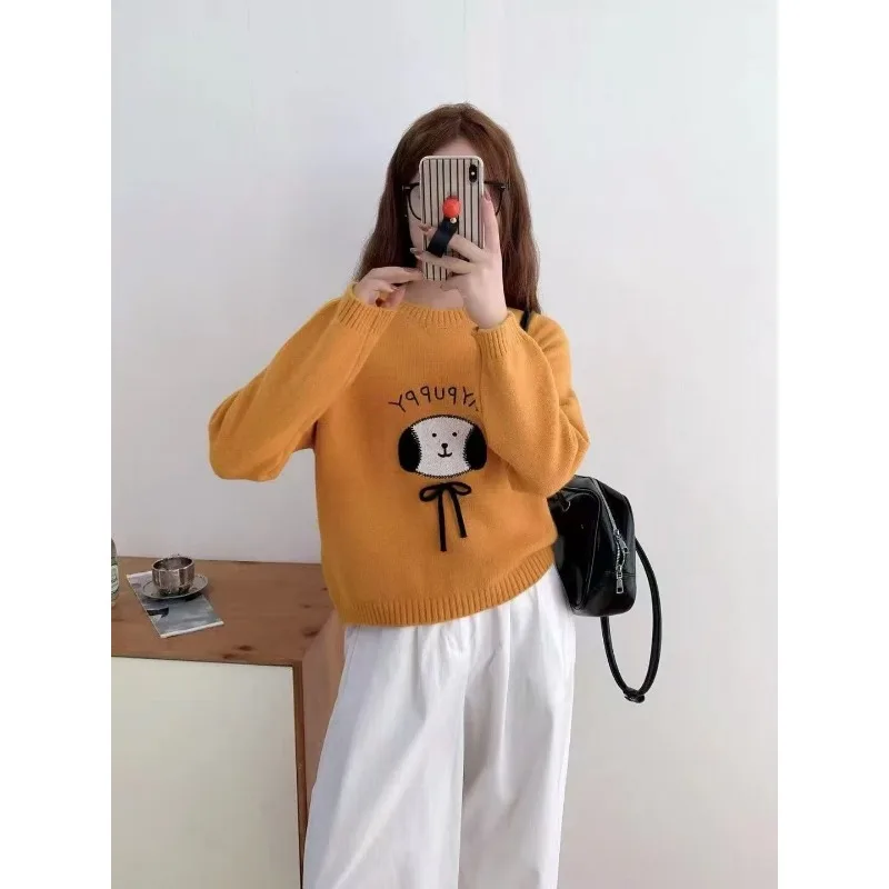 

Ленивый стиль, свободный пуловер с круглым вырезом и рукавами реглан, свитер для женщин, осенне-зимний вязаный топ с вышивкой щенка