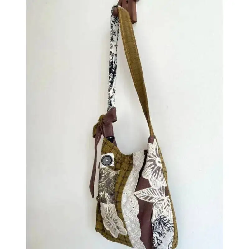 Bloom Vintage Lace Large Capacity Handbag Women Retro Patchwork Canvas Casual Shoulder Ladies Versatile Y2k Bags Сумка