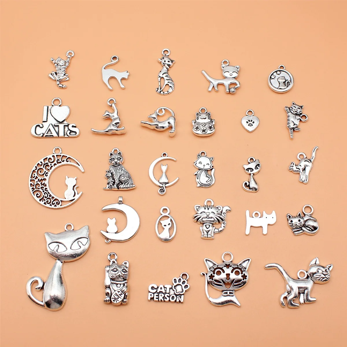 27pcs Antique Silver Color Cat Charms Collection For DIY Jewelry Making, 27 Styles, 1 of Each