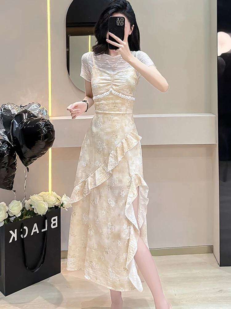 Zomer Vrouwen Koreaanse Mode Elegante Casual Vakantie Jurk Past 2025, Nieuwe Bloemen Chiffon Verstoorde Sling Jurk + Kant Top Shirts Suits