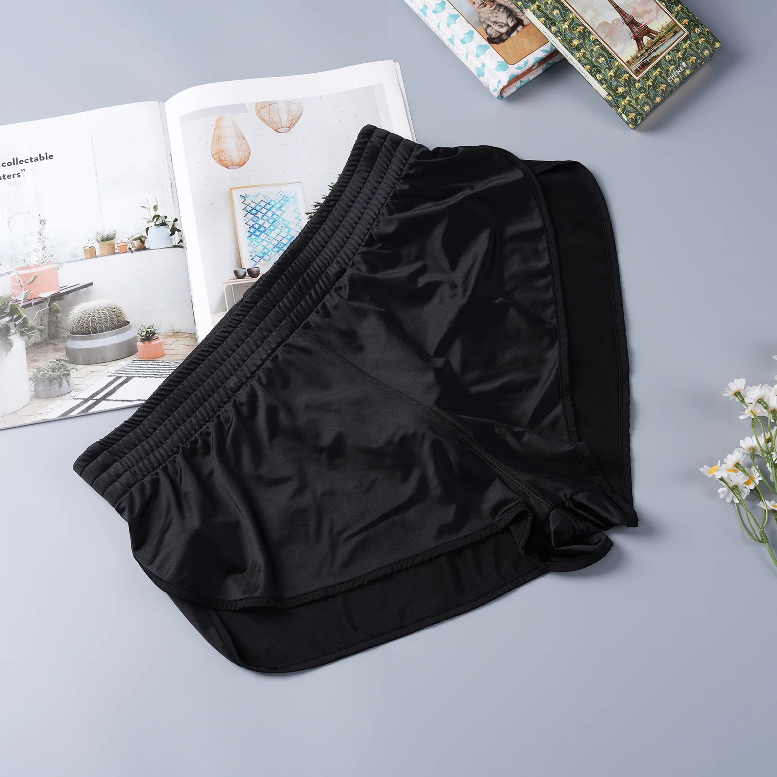 Satin-Herren-Boxershorts mit Seitenschlitz, glänzender Pfeil-Design, sexy Unterwäsche, innerer Netzbeutel, Jockstrap, Schlafhose, Homewear – Detail 4