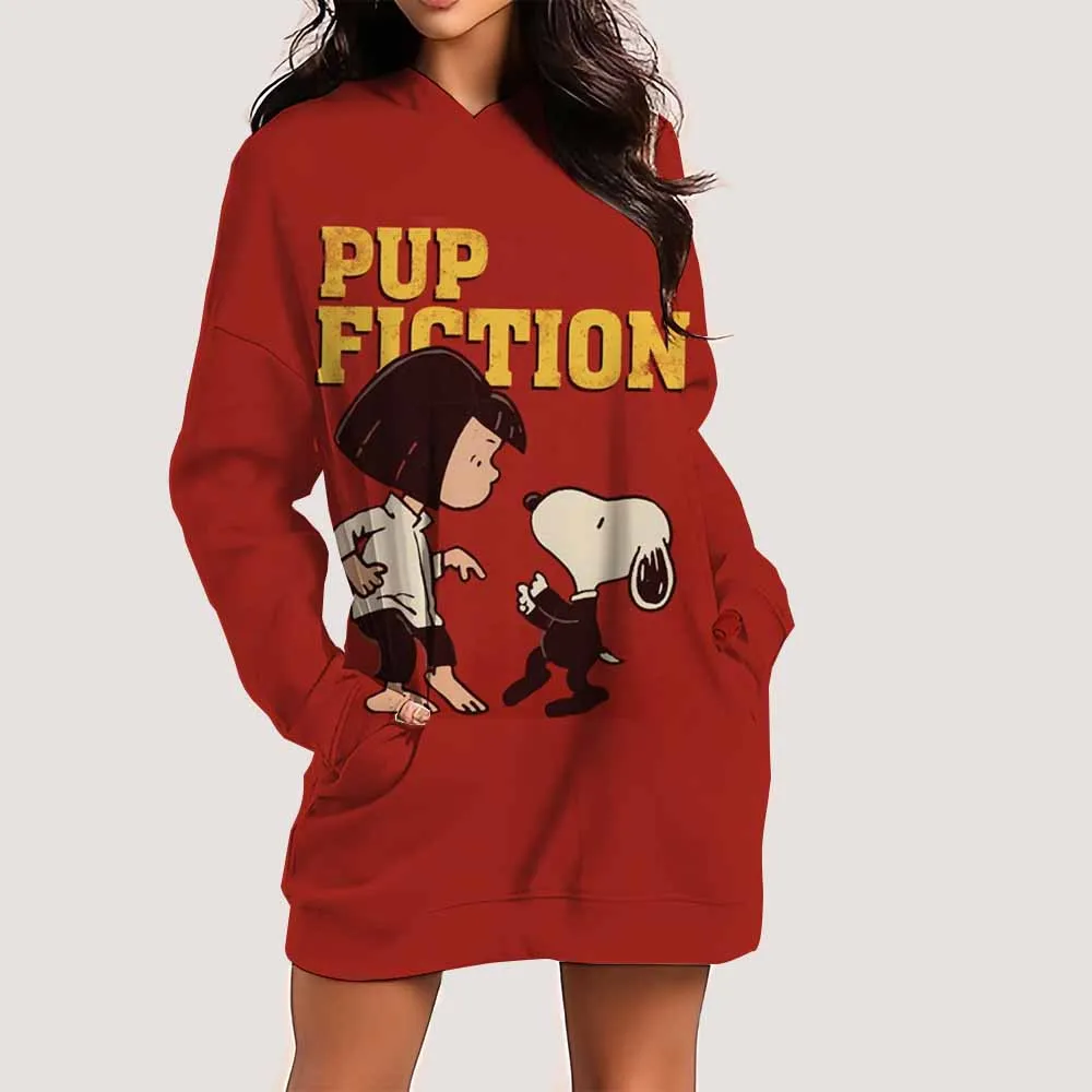 スヌーピープリントレディースドレスファッション膝丈フード付きフロックOネックラインスポーツ秋デイリーカジュアルスカート ﻿