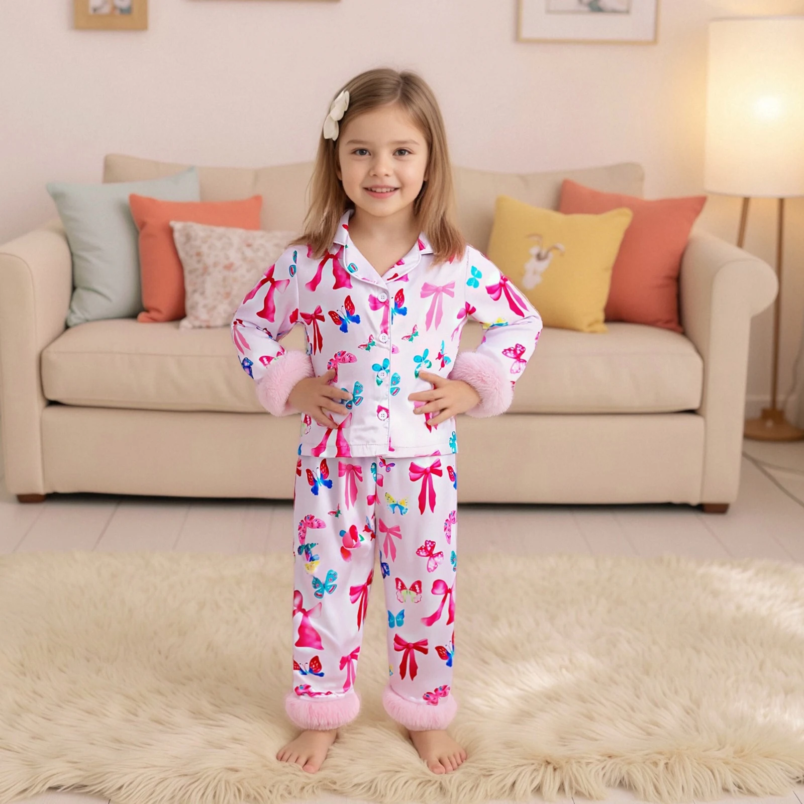 

Toddler Girl Fall Satin Pajamas Set Bow/Doughnut Print Lapel Long Sleeve Button Down Tops with Pants Sleepwear for 1 to 7 Years