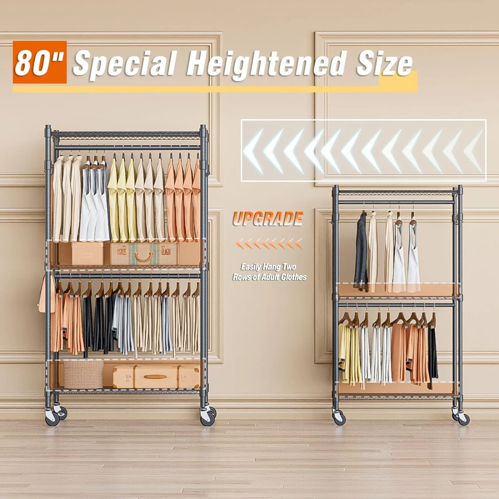 US  Homdox Garment Rack Heavy Duty, 3 Tier Rolling Clothing Racks for Hanging Clothes, Metal Wardrobe