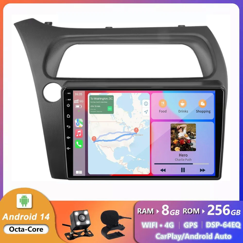 8G+128GB Android 14.0 Radio For Honda Civic Hatchback 2006-2010 2011 Multimedia Player Carplay Navi GPS Mirror link Head Unit