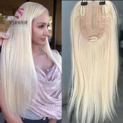 Vsr 9x13 #60 Platinum Blonde Topper Do Cabelo Humano Para As Mulheres Costurado Com Três Clipes Invisiable Mão Amarrado Linha Do Cabelo Toppers