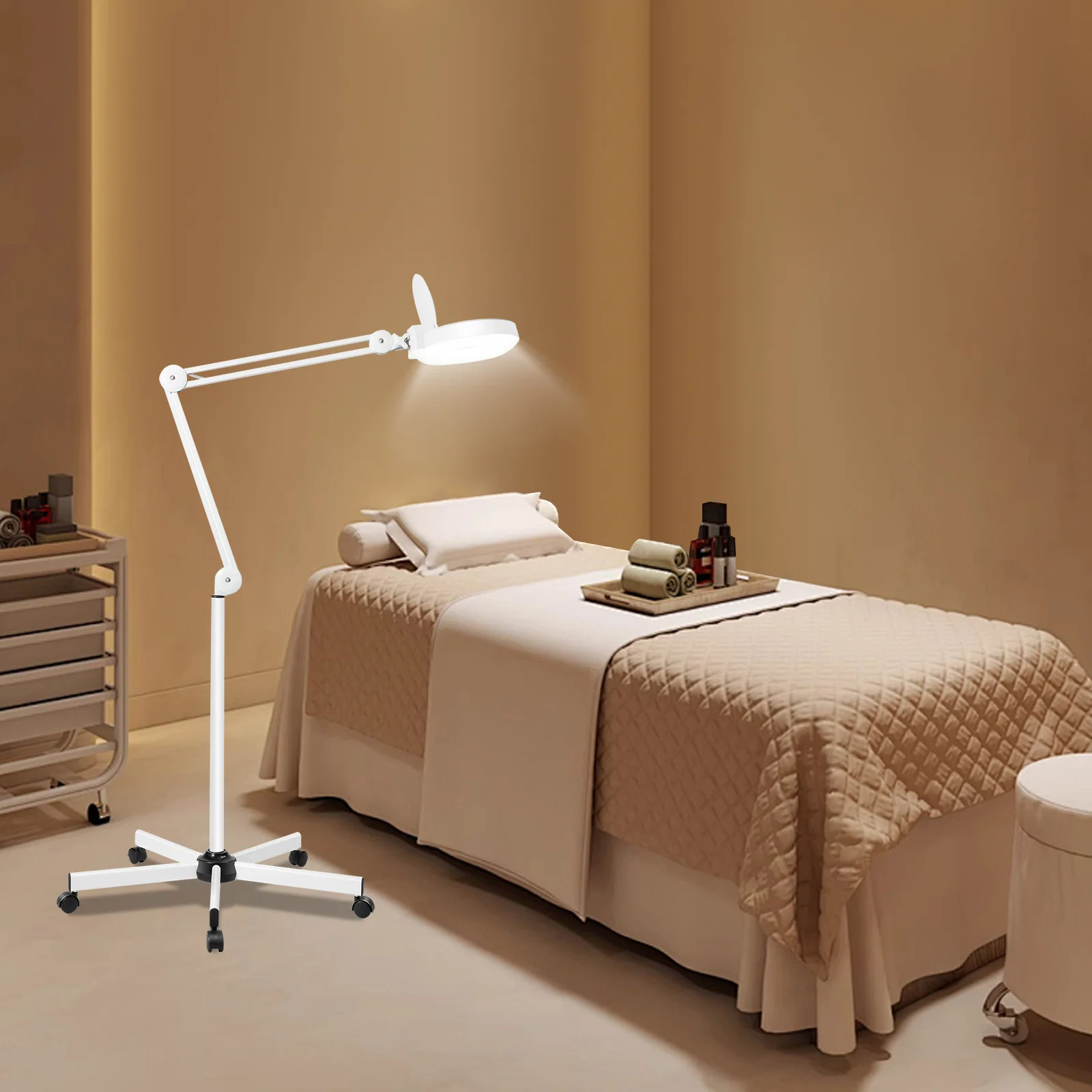 Stehlampe mit Lupe 8X 24W 120 LED Vergrößerungslampe mit Rollen für Schönheitssalon, Tattoo, Lesen, Handwerk, Nähen, Nahaufnahmen