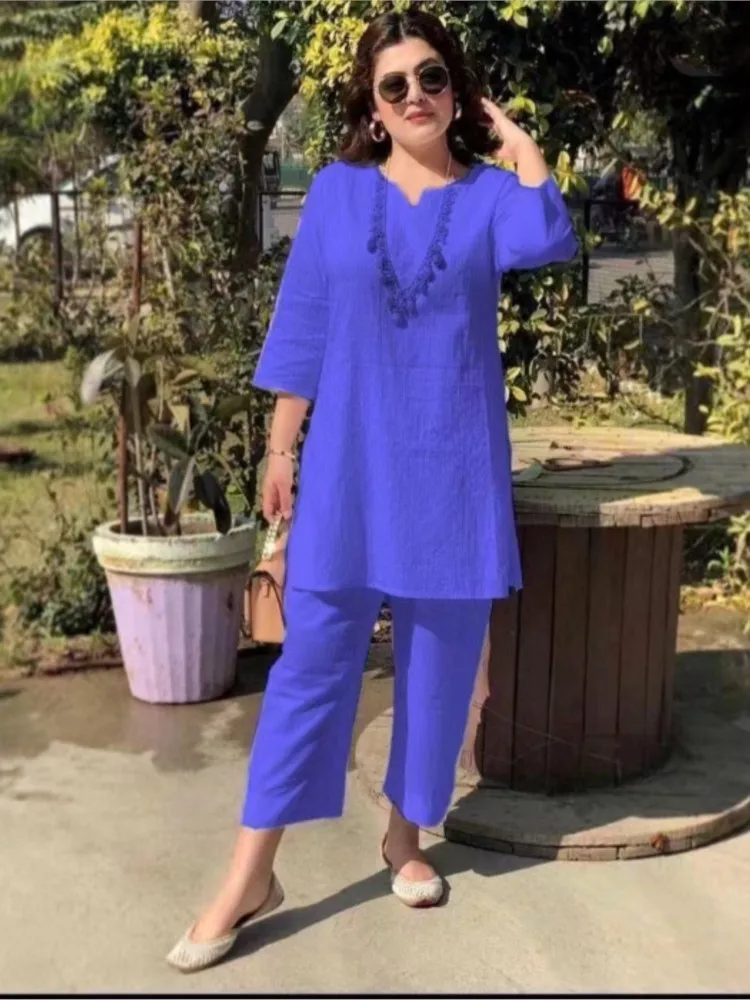 Elegant Women's Suit Cotton V-Neck Solid Color Long Sleeve Wide Leg Ankle Length Pants Ladies 2 Piece Set Casual Loose Outfits