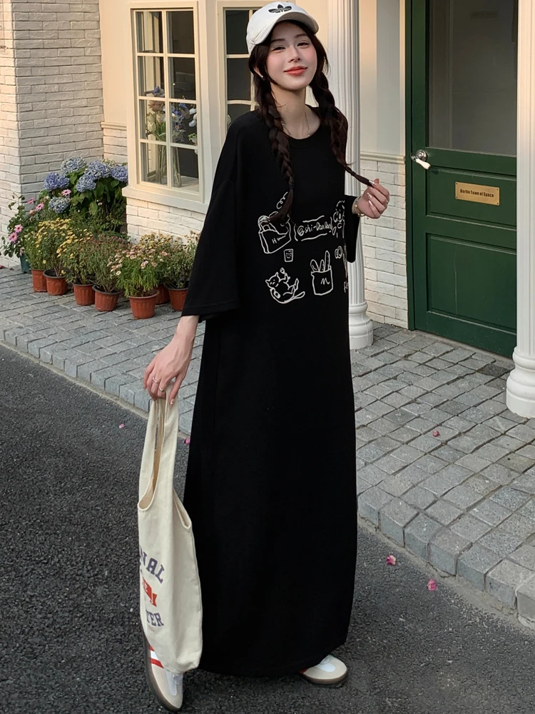 NYFS 2025 فستان صيفي نسائي مطبوع على الطراز الكوري فضفاض مقاس كبير بأكمام قصيرة فستان طويل رداء Elbise