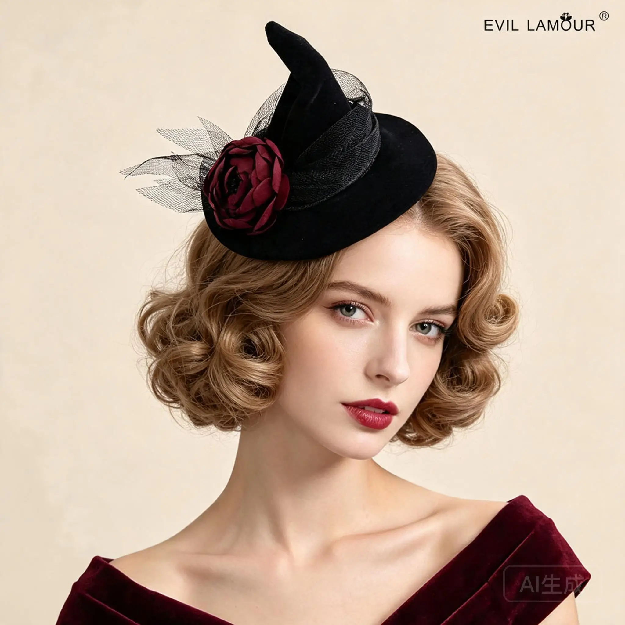 Women Halloween Black Mini Witch Hat Wine Red Rose Mesh Decor Headwear For Cosplay Prom Stage Show Masquerade Ball Dress Up Hair