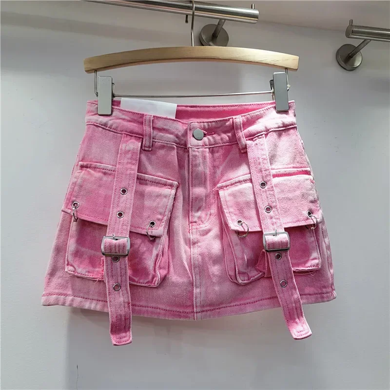 

2024 Retro American Spice Girl Denim Skirt Pink Three-dimensional Pocket Strap Anti-exposure A-word Tooling Short Skirt Female