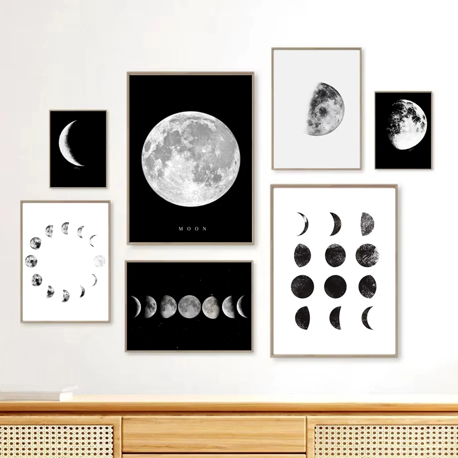 1pc Black and White Moon Phase Aesthetic Poster Minimalist Classic Moon Wall Art Mural Printed Canvas Home Room Cafe Decor